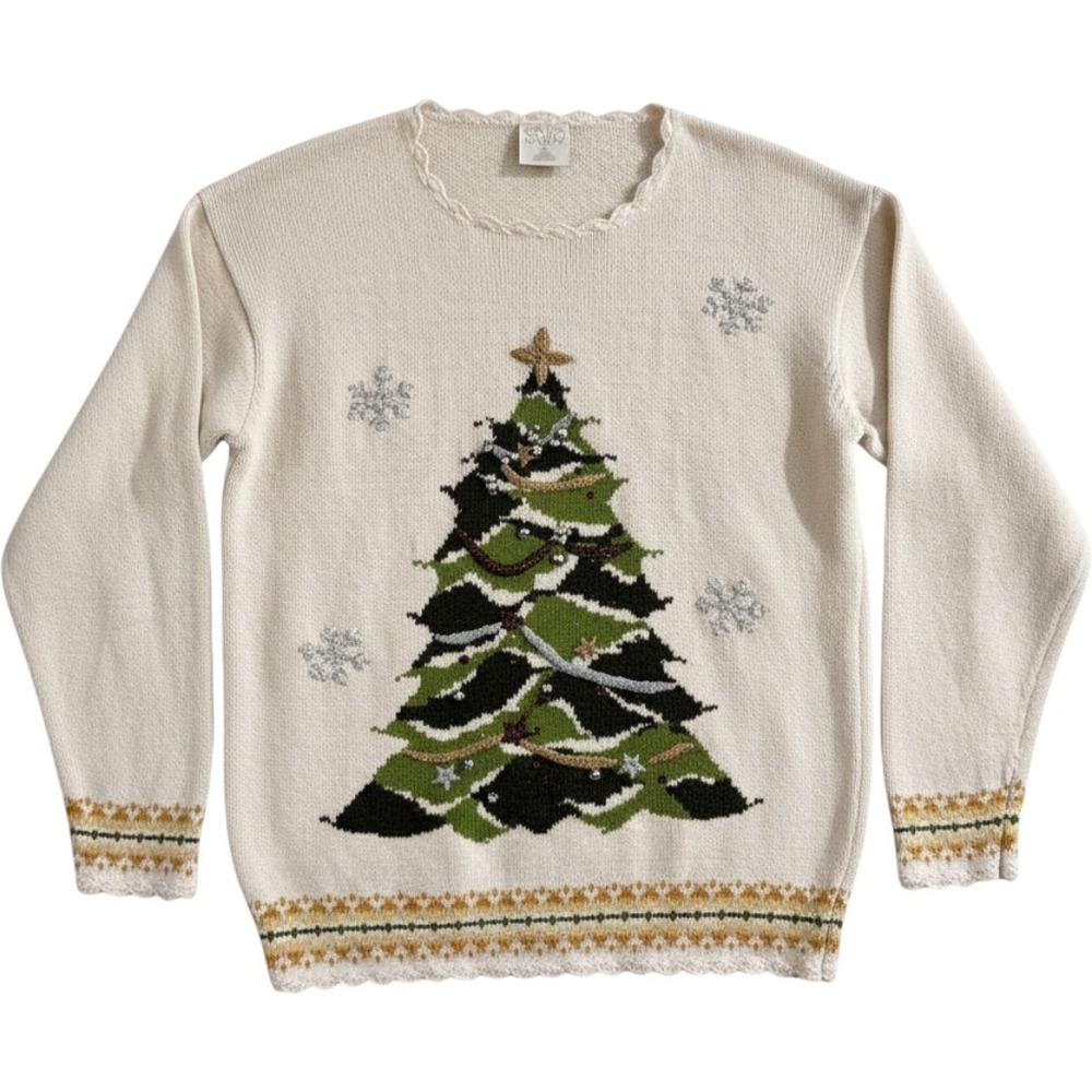 Vintage Style Studio Sweater Women M Cream Ugly Christmas Tree Beaded Granny